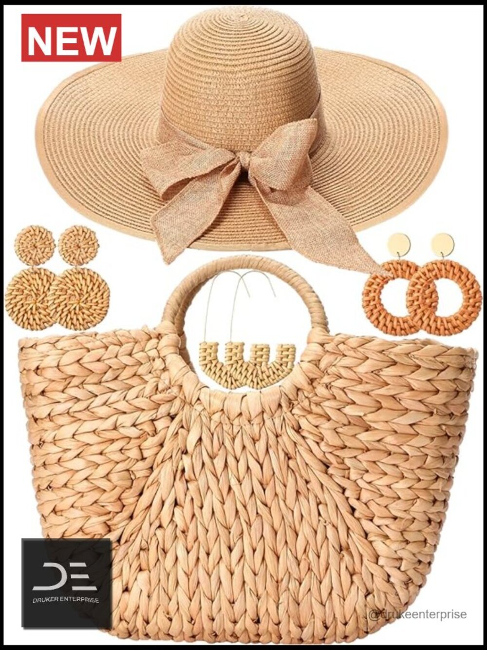 5 Piece Straw Beach Bag and Hat Set with Rattan Earrings